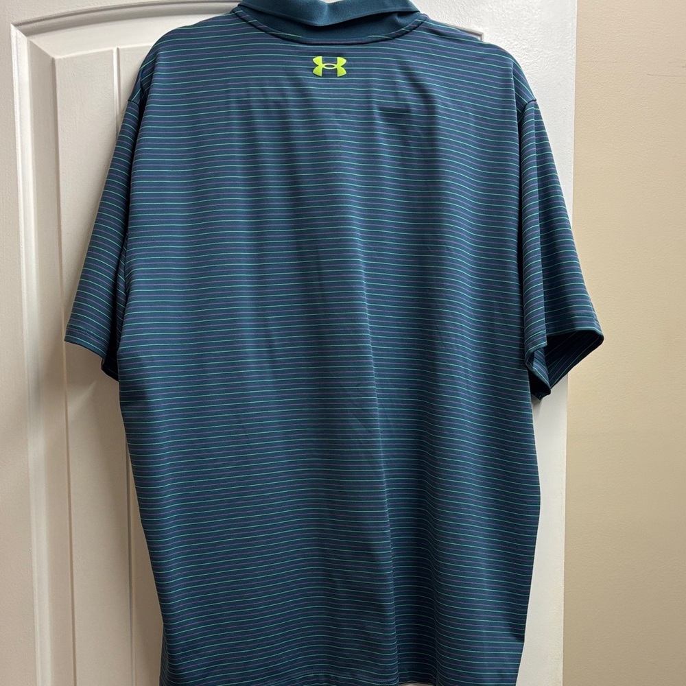Under Armour Men's Blue and Neon Green Striped Polo - Picture 5 of 5